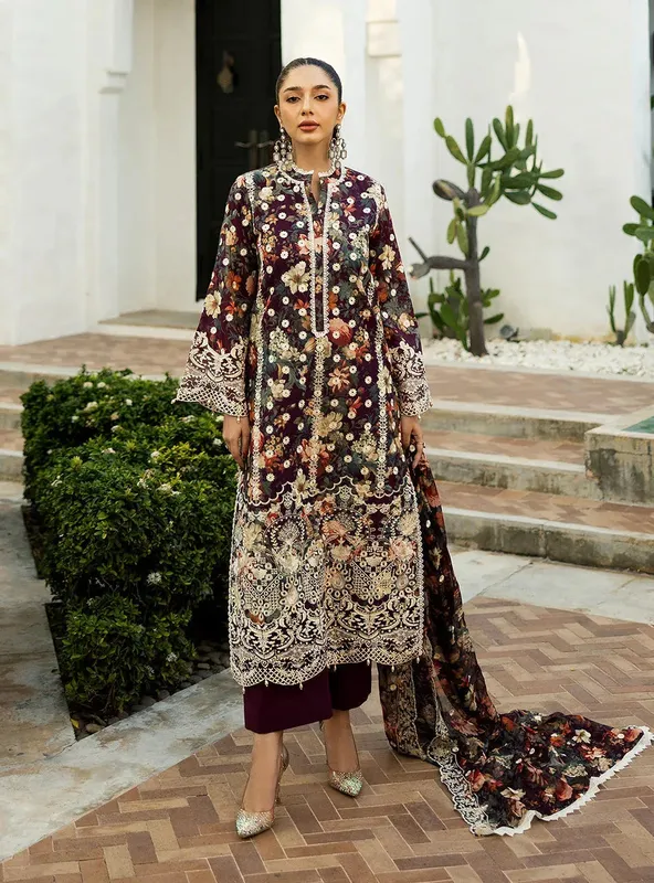 Zainab Chottani Chikankari 25 Plum Chiffon – view 1 – Poshaq