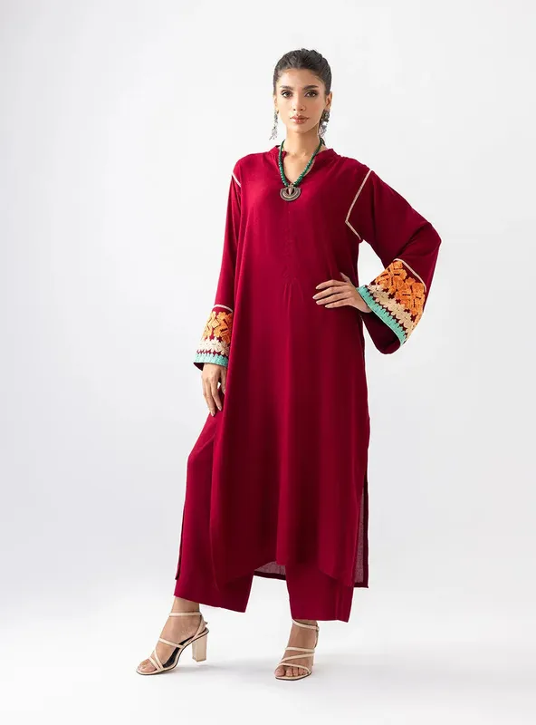 Zainab Chottani Aara Casual Pret Maroon Viscose – view 1 – Poshaq
