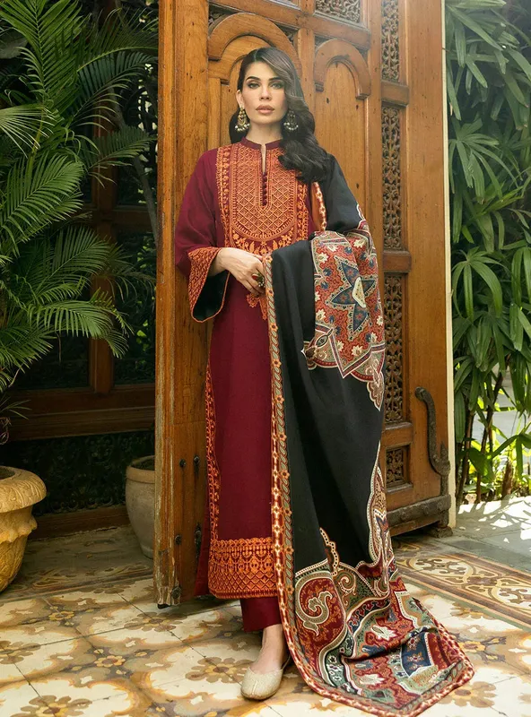 Zainab Chottani Winter Shawls 24 Maroon – view 1 – Poshaq
