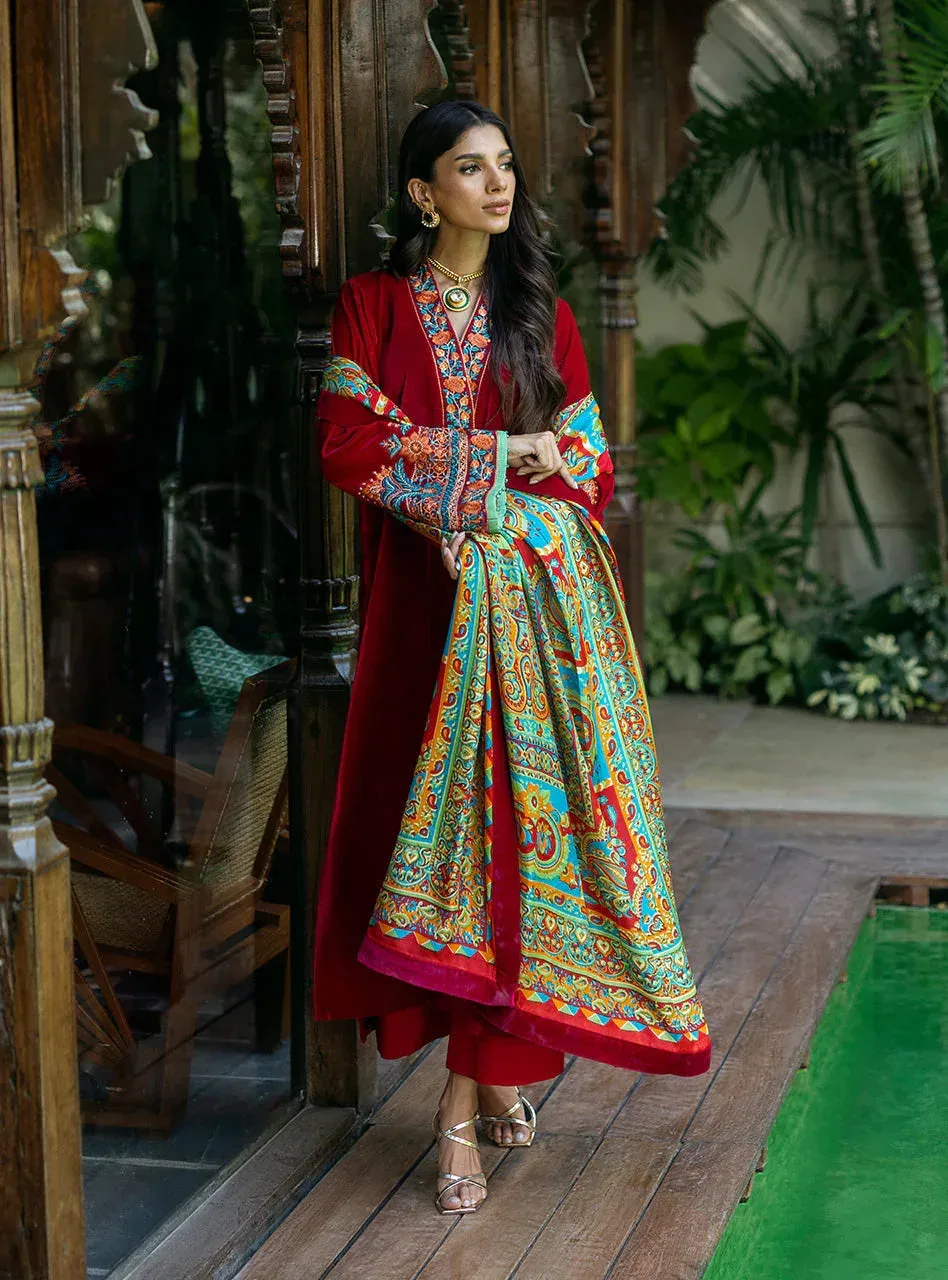 Zainab Chottani Makhmal Luxe Pret Blood Red Viscose – view 4 – Poshaq