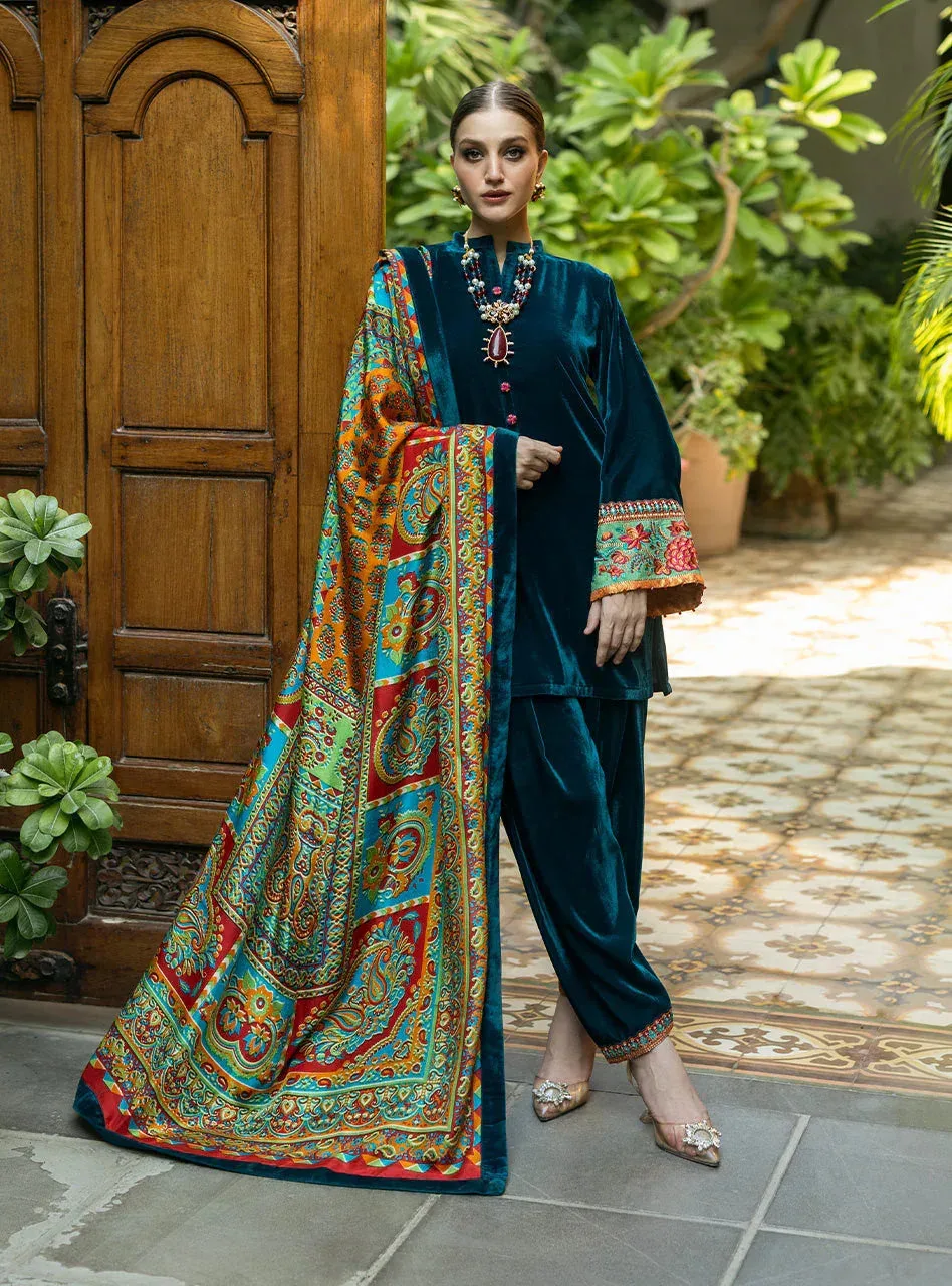 Zainab Chottani Makhmal Luxe Pret Deep Teal Velvet – view 1 – Poshaq