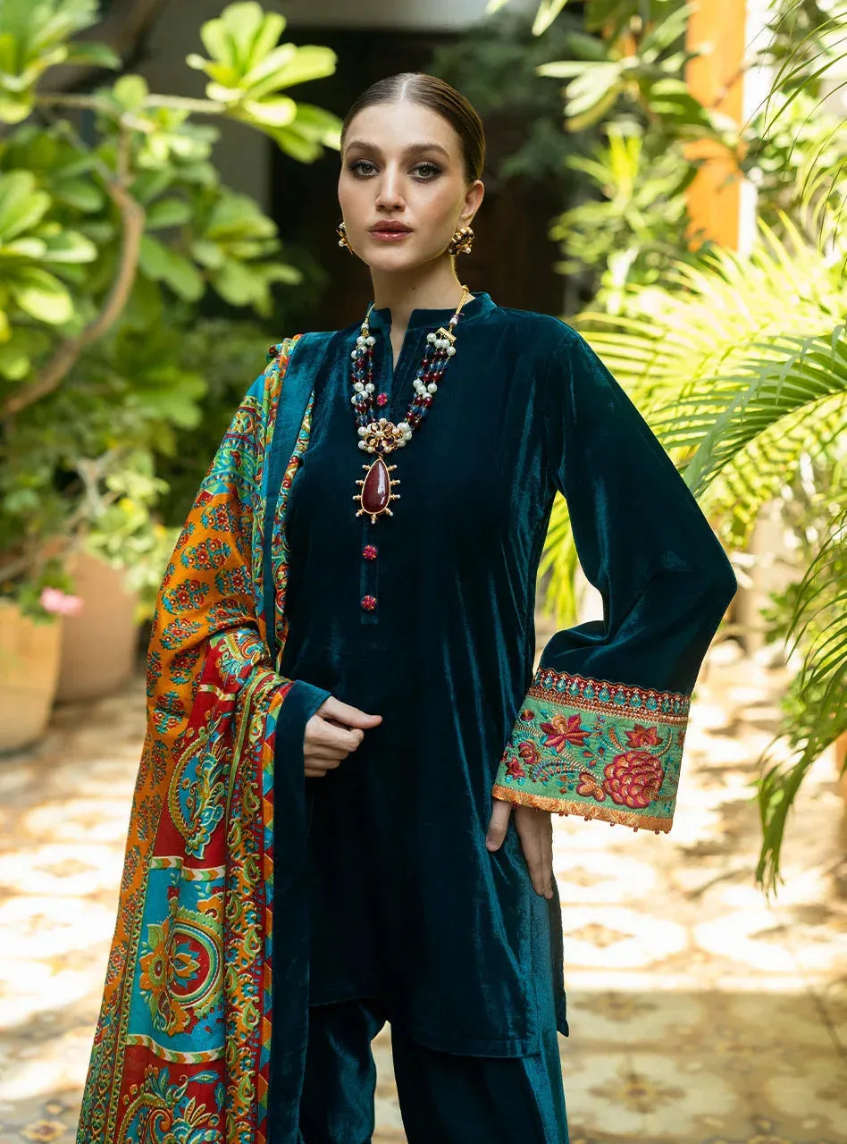 Zainab Chottani Makhmal Luxe Pret Deep Teal Velvet – view 3 – Poshaq