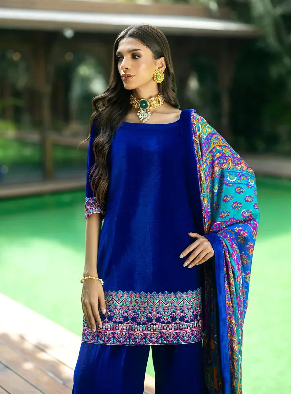 Zainab Chottani Makhmal Luxe Pret Electric Blue Velvet – view 3 – Poshaq