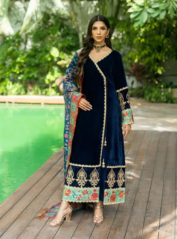 Zainab Chottani Makhmal Luxe Pret Dark Blue Viscose – view 1 – Poshaq