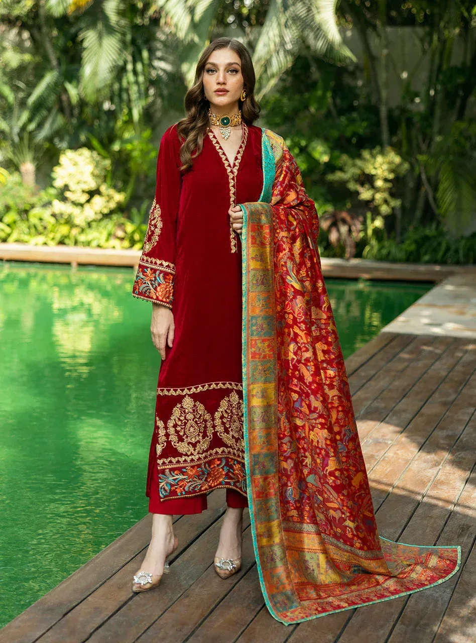 Zainab Chottani Makhmal Luxe Pret Deep Red Viscose – view 1 – Poshaq