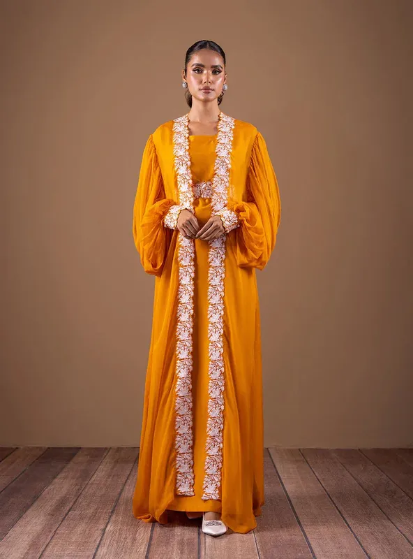 Zainab Chottani Semi Formals Mustard Chiffon – view 1 – Poshaq