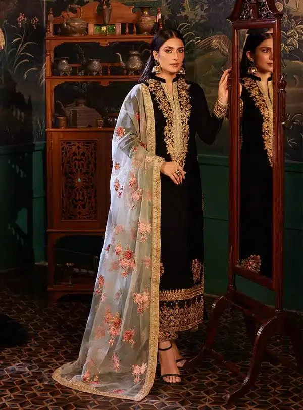 Zainab Chottani Luxury Velvet Collection 23 Black Raw Silk – view 1 – Poshaq