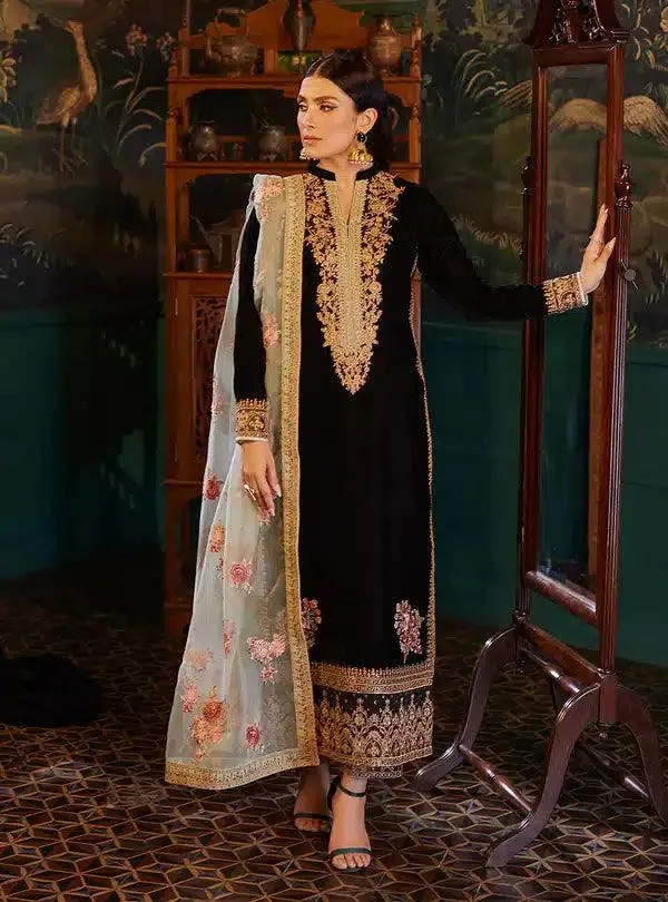 Zainab Chottani Luxury Velvet Collection 23 Black Raw Silk – view 7 – Poshaq