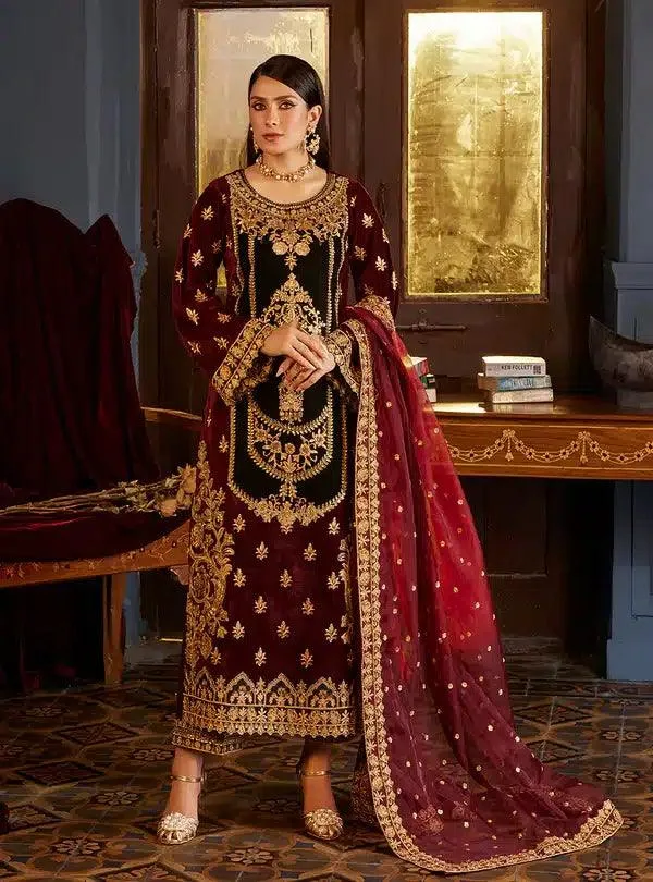 Zainab Chottani Luxury Velvet Collection 23 Maroon Raw Silk – view 1 – Poshaq