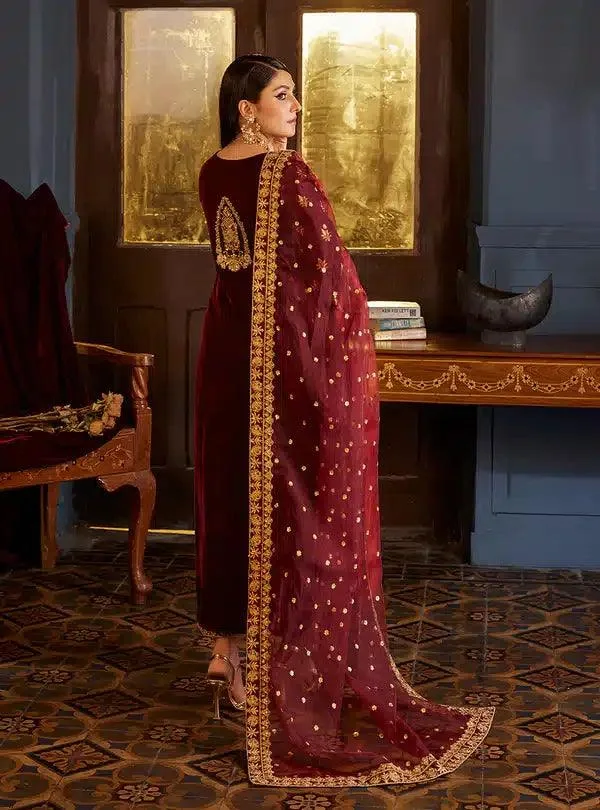 Zainab Chottani Luxury Velvet Collection 23 Maroon Raw Silk – view 2 – Poshaq