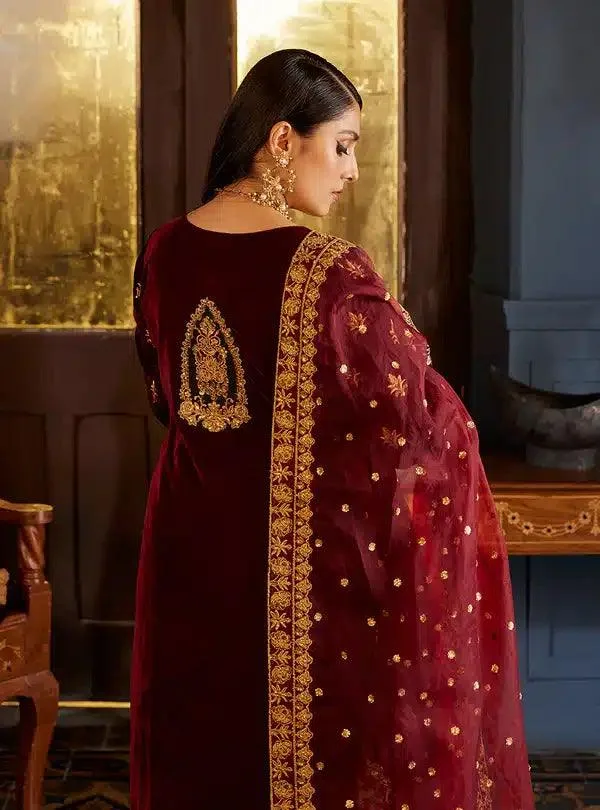 Zainab Chottani Luxury Velvet Collection 23 Maroon Raw Silk – view 3 – Poshaq
