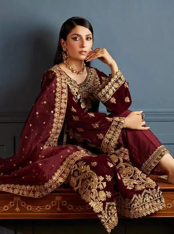 Zainab Chottani Luxury Velvet Collection 23 Maroon Raw Silk – view 4 – Poshaq