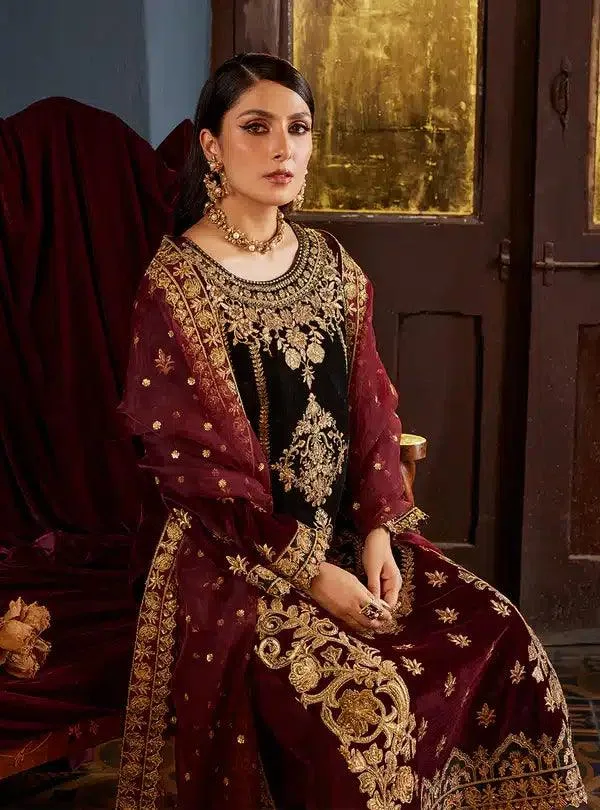 Zainab Chottani Luxury Velvet Collection 23 Maroon Raw Silk – view 5 – Poshaq