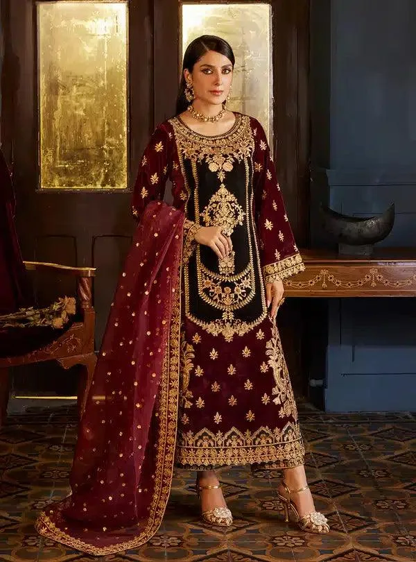 Zainab Chottani Luxury Velvet Collection 23 Maroon Raw Silk – view 6 – Poshaq