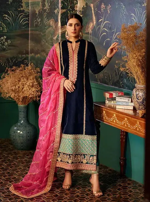 Zainab Chottani Luxury Velvet Collection 23 Navy Blue Raw Silk – view 1 – Poshaq