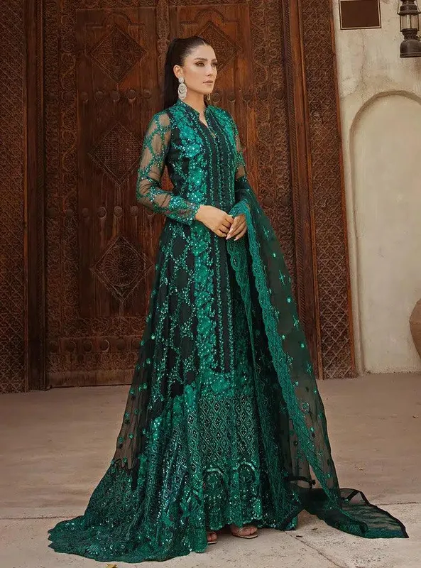 Zainab Chottani Wedding Festive 23 Bottle Green Raw Silk – view 1 – Poshaq
