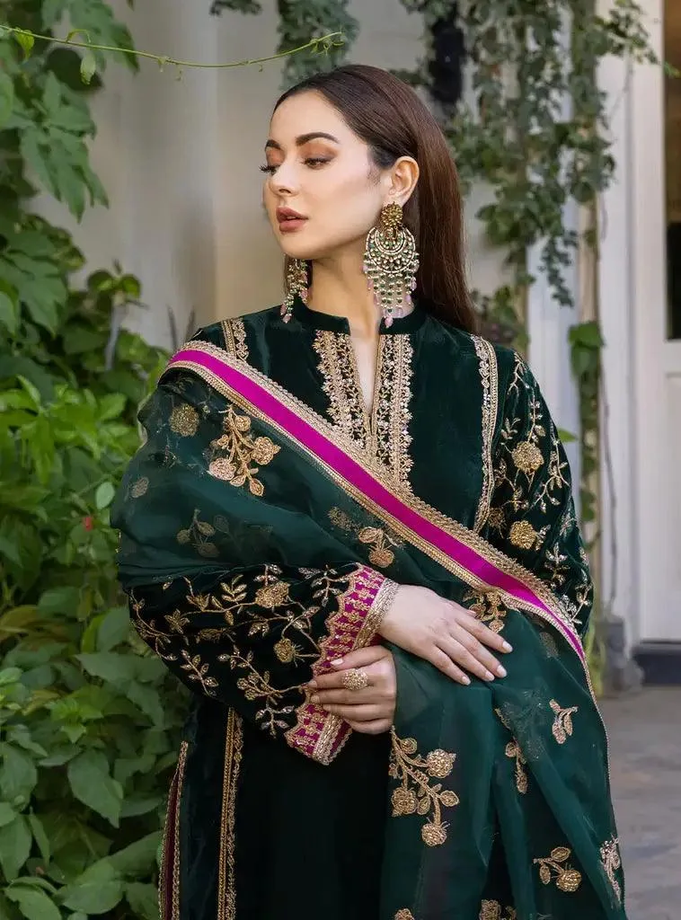 Zainab Chottani Stitched Velvet 2022 Green Organza – view 3 – Poshaq