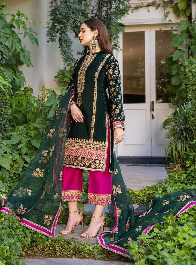 Zainab Chottani Stitched Velvet 2022 Green Organza – view 6 – Poshaq