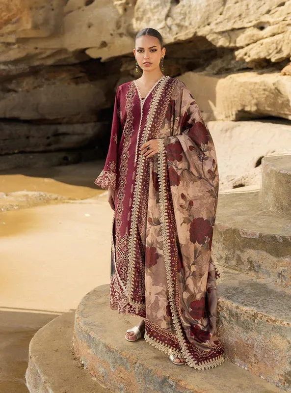 Maroon organza top with embroidered borders and lawn long shirt – view 1 – Poshaq