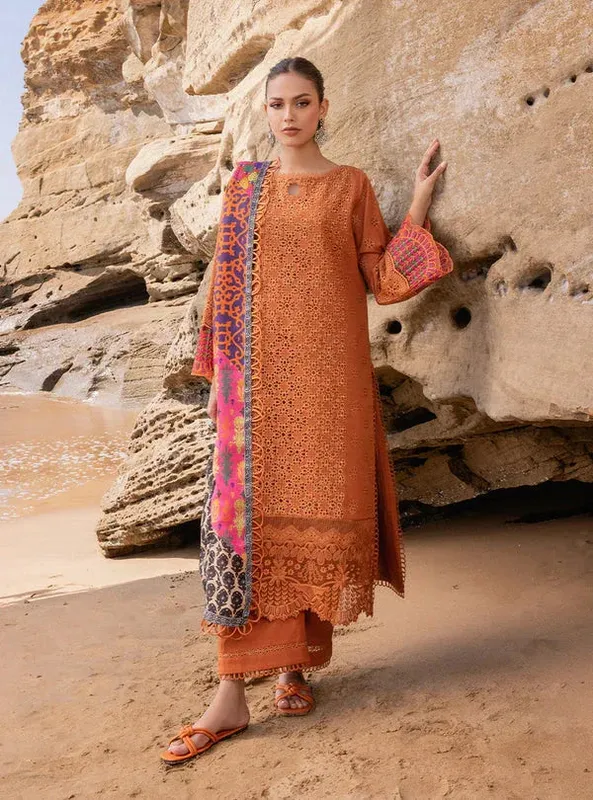 Rust rust colour four‑piece lawn suit with organza and chikankari detailing – view 1 – Poshaq