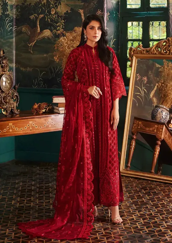 Zainab Chottani Embroidered Velvet Red Raw Silk – view 1 – Poshaq