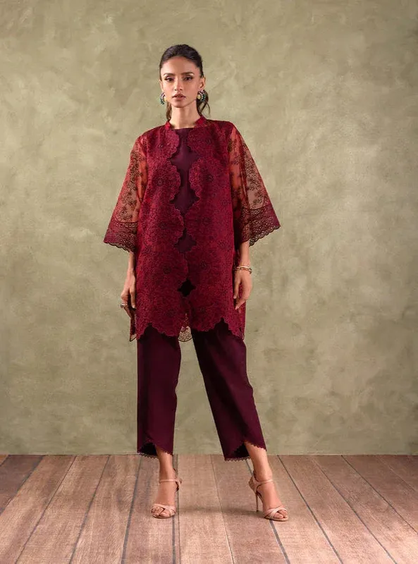 Zainab Chottani Eid Edit Maroon Organza – view 1 – Poshaq