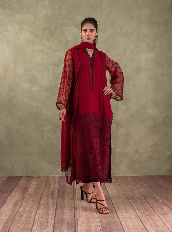 Zainab Chottani Eid Edit Maroon Chiffon – view 1 – Poshaq