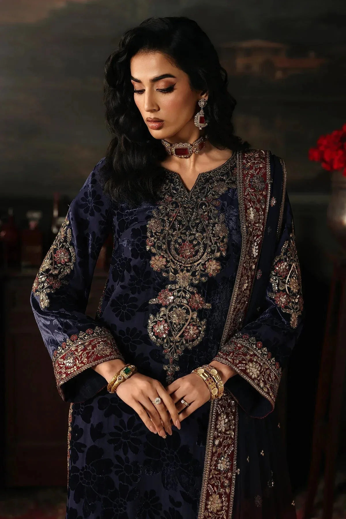 Charizma Signora Velvet Navy Blue Chiffon – view 4 – Poshaq