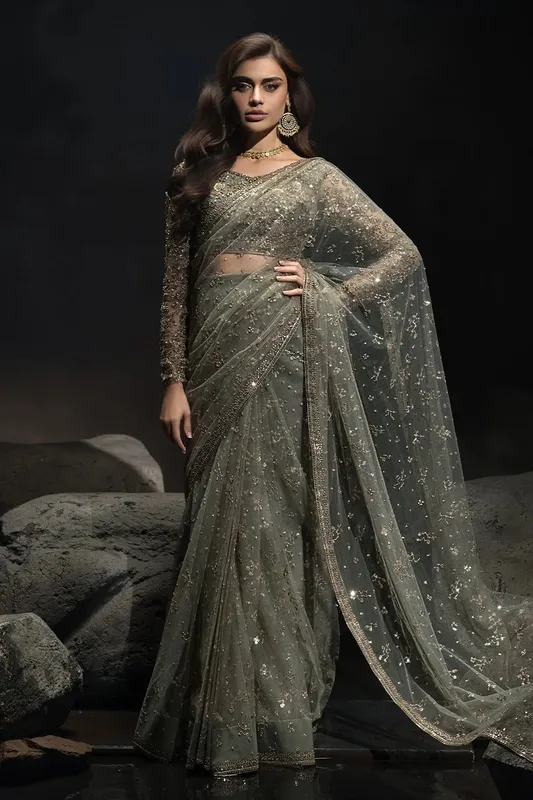 Charizma Statement Formals Green Net – view 1 – Poshaq