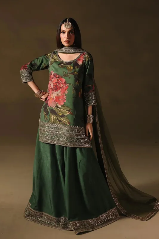 Charizma Festive Pret Dark Green Raw Silk – view 1 – Poshaq