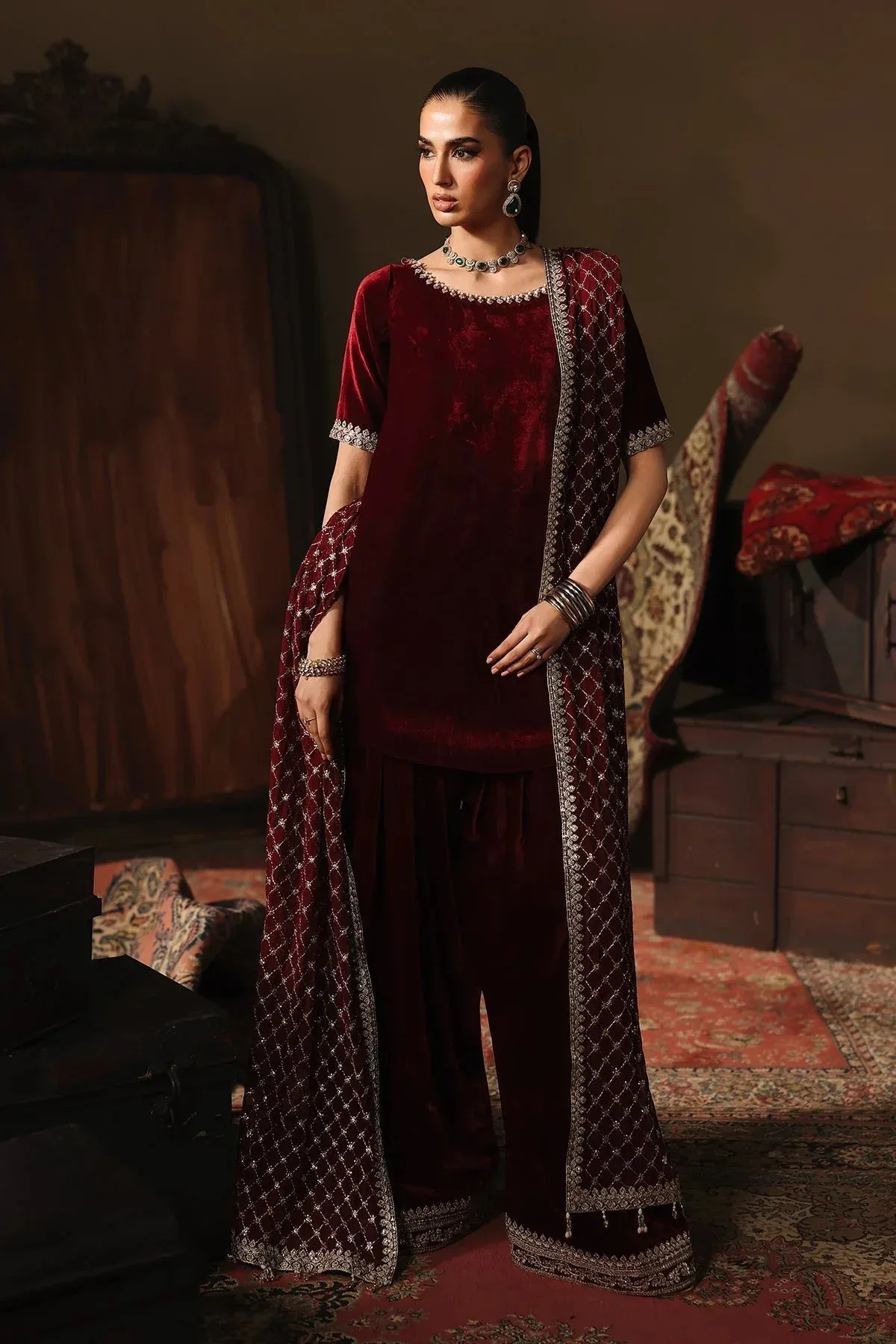 Charizma Zeel Velvet 25 Dark Maroon Chiffon – view 1 – Poshaq