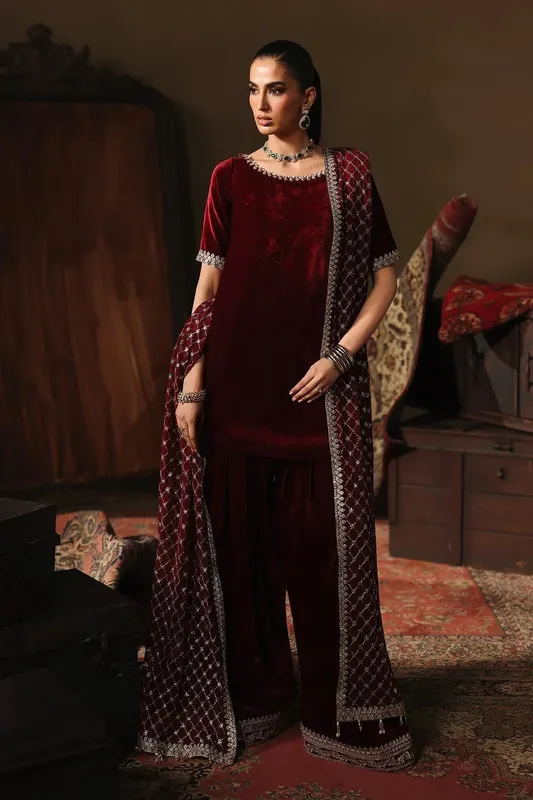 Charizma Zeel Velvet 25 Dark Maroon Chiffon – view 1 – Poshaq