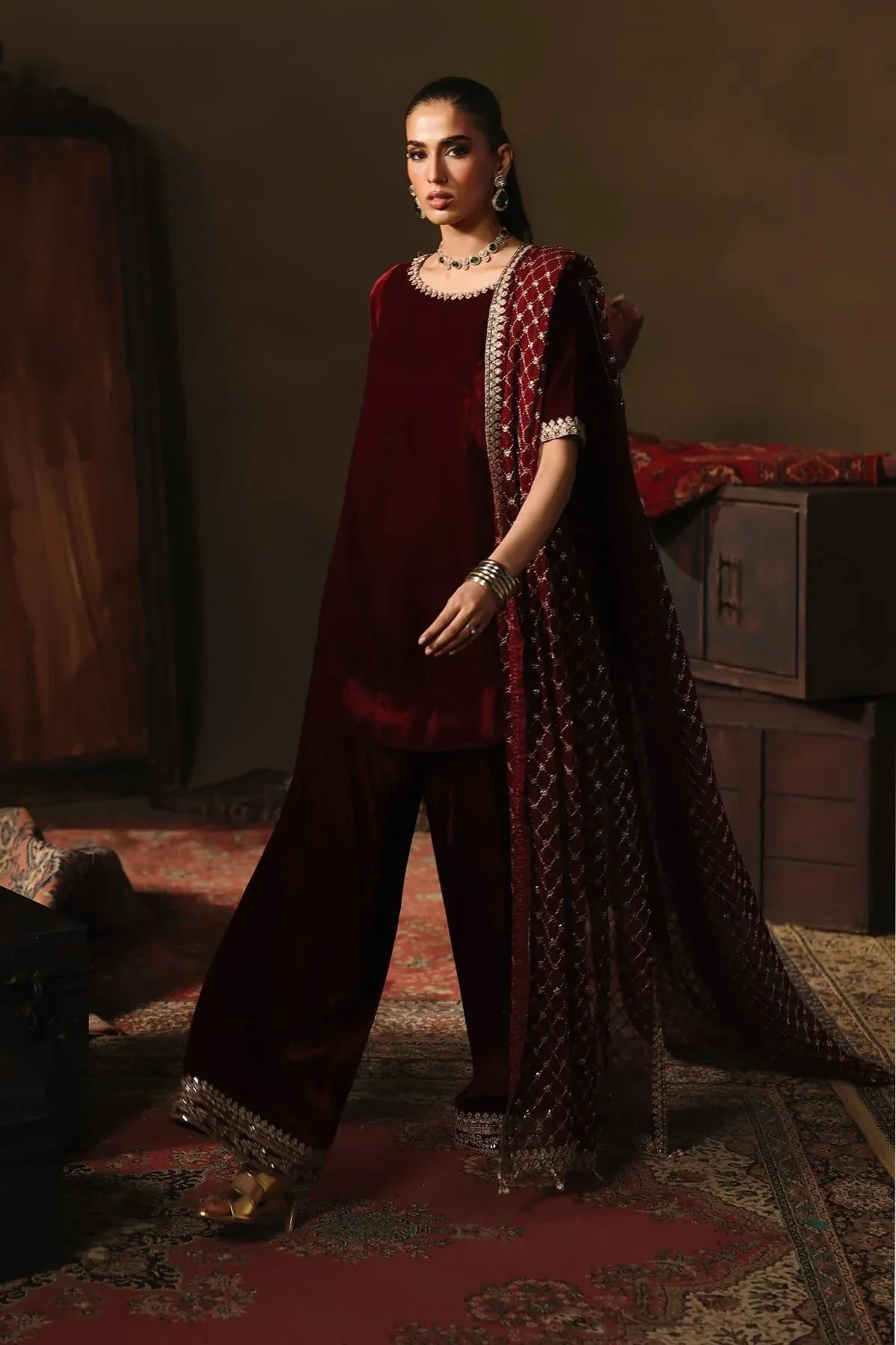 Charizma Zeel Velvet 25 Dark Maroon Chiffon – view 3 – Poshaq