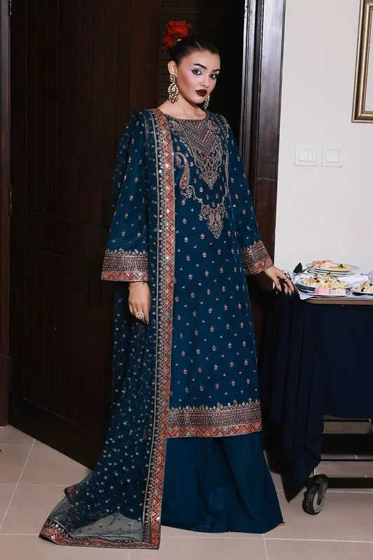 Charizma Festive Pret Deep Teal Raw Silk – view 1 – Poshaq