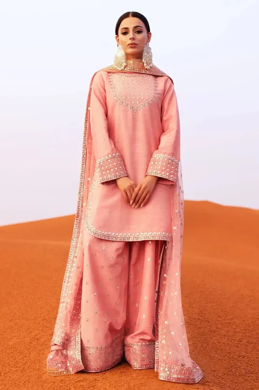 Charizma Festive Pret Peach Pink Raw Silk – view 1 – Poshaq