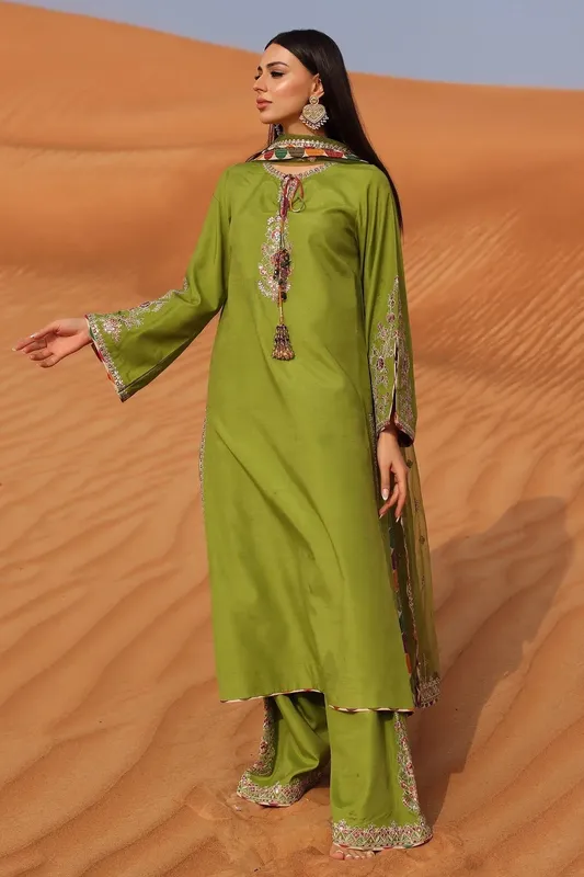 Charizma Festive Pret Dark Mehndi Raw Silk – view 1 – Poshaq