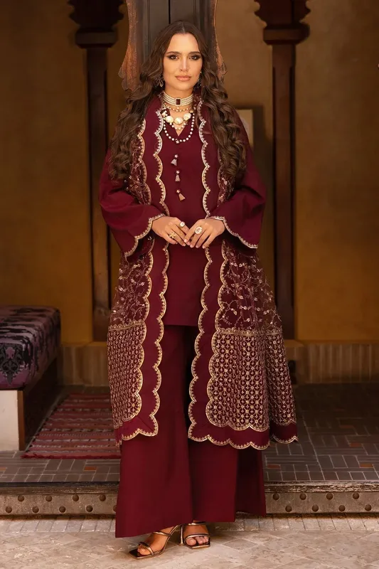 Charizma Festive Pret Maroon Raw Silk – view 1 – Poshaq