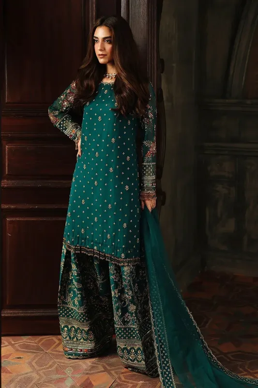 Charizma Dastan e Jashan Dark Teal Green Raw Silk – view 1 – Poshaq