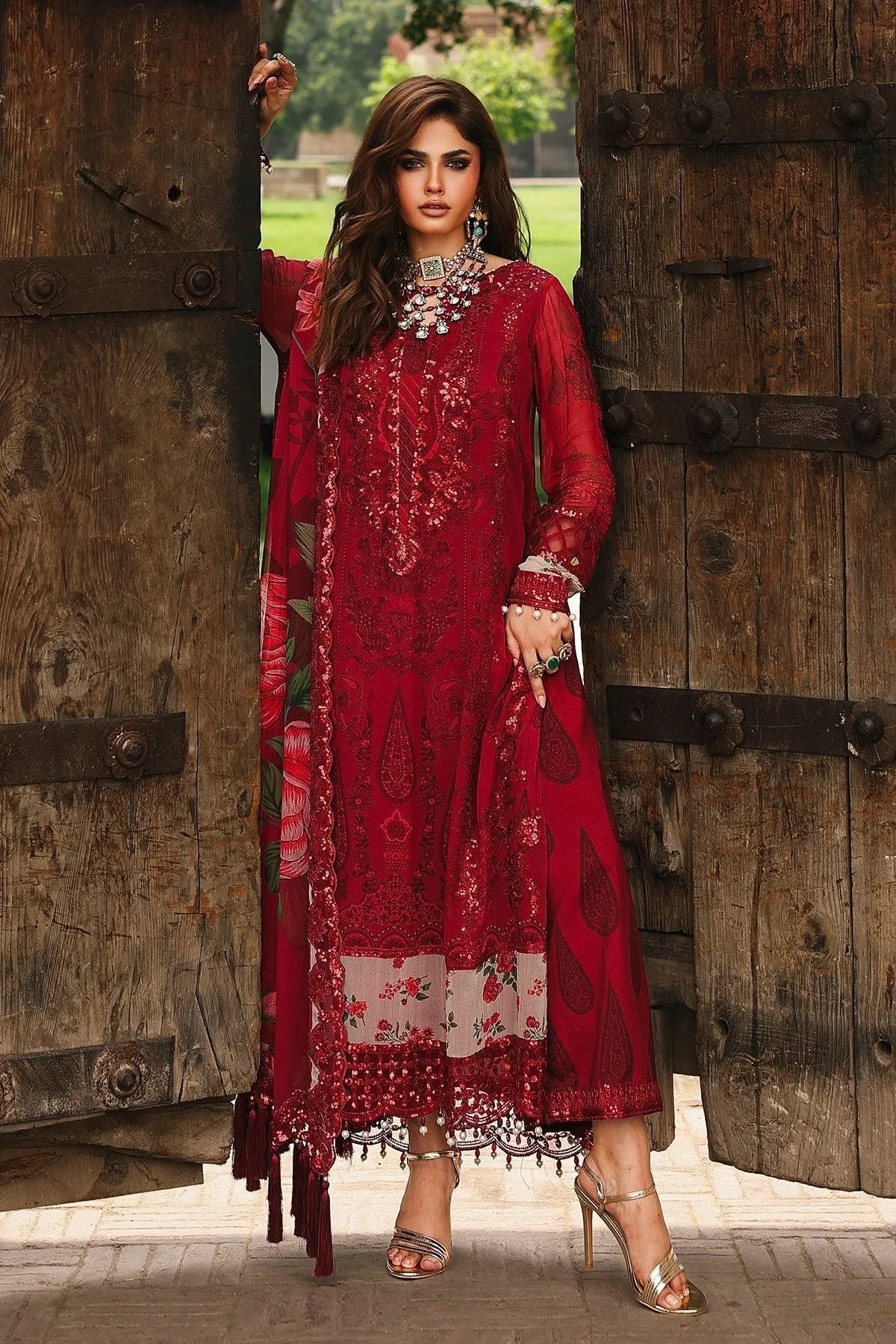 Charizma Vasal Chiffon 25 Redish Pink Raw Silk – view 1 – Poshaq