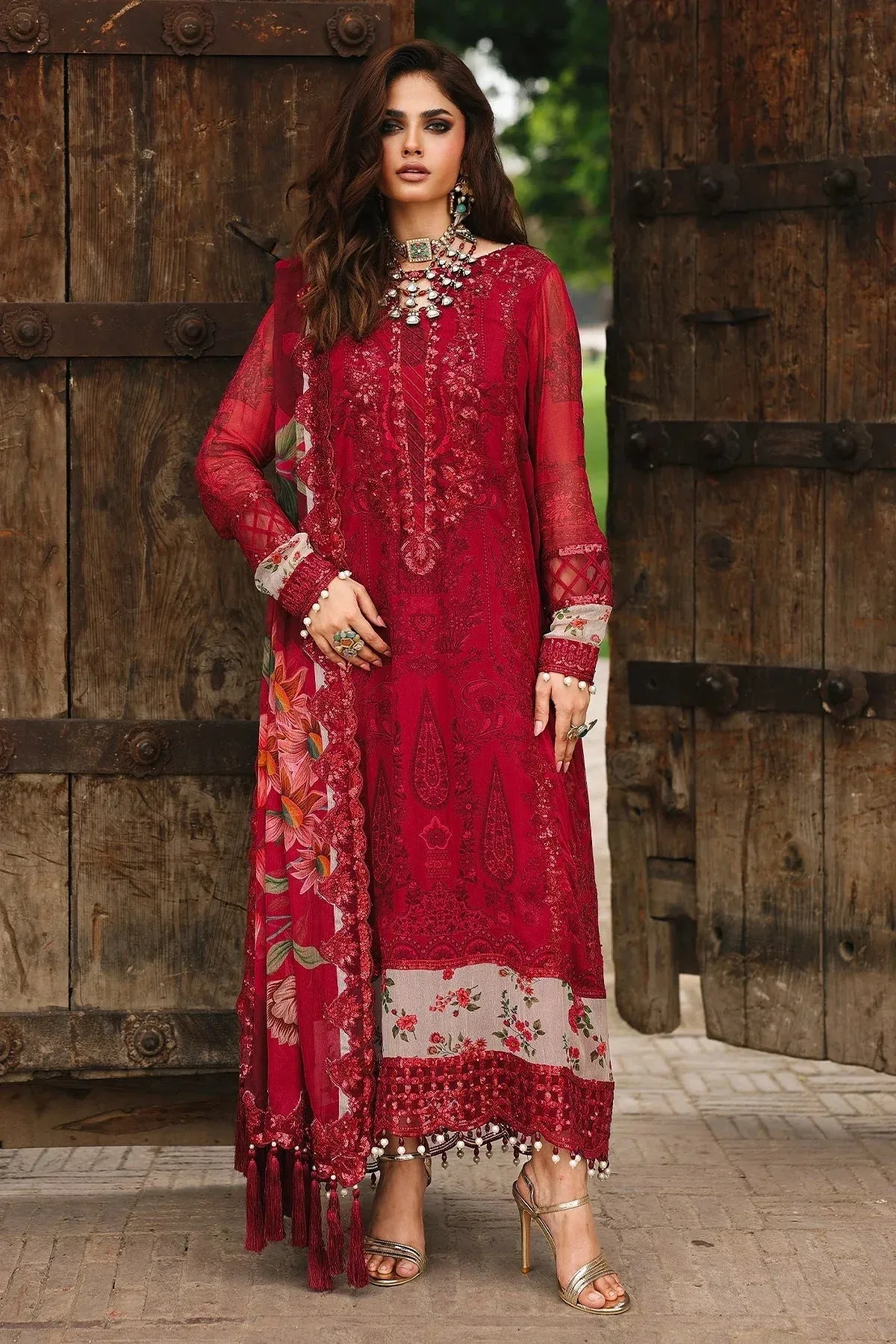 Charizma Vasal Chiffon 25 Redish Pink Raw Silk – view 4 – Poshaq