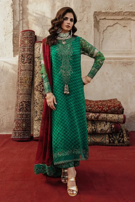 Charizma Vasal Chiffon Green Raw Silk – view 1 – Poshaq