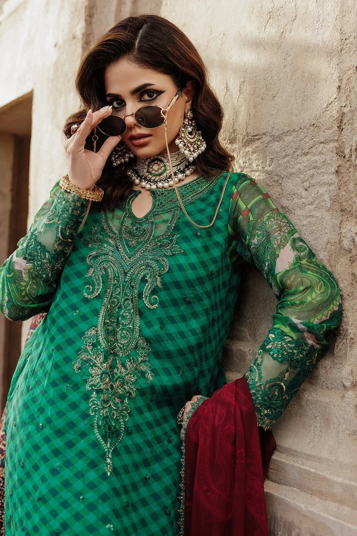 Charizma Vasal Chiffon Green Raw Silk – view 4 – Poshaq