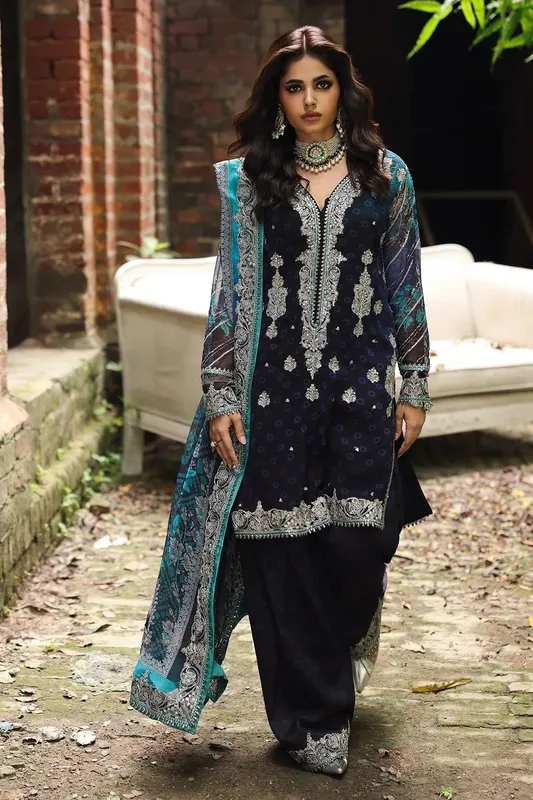Charizma Vasal Chiffon Dark Blue Raw Silk – view 1 – Poshaq