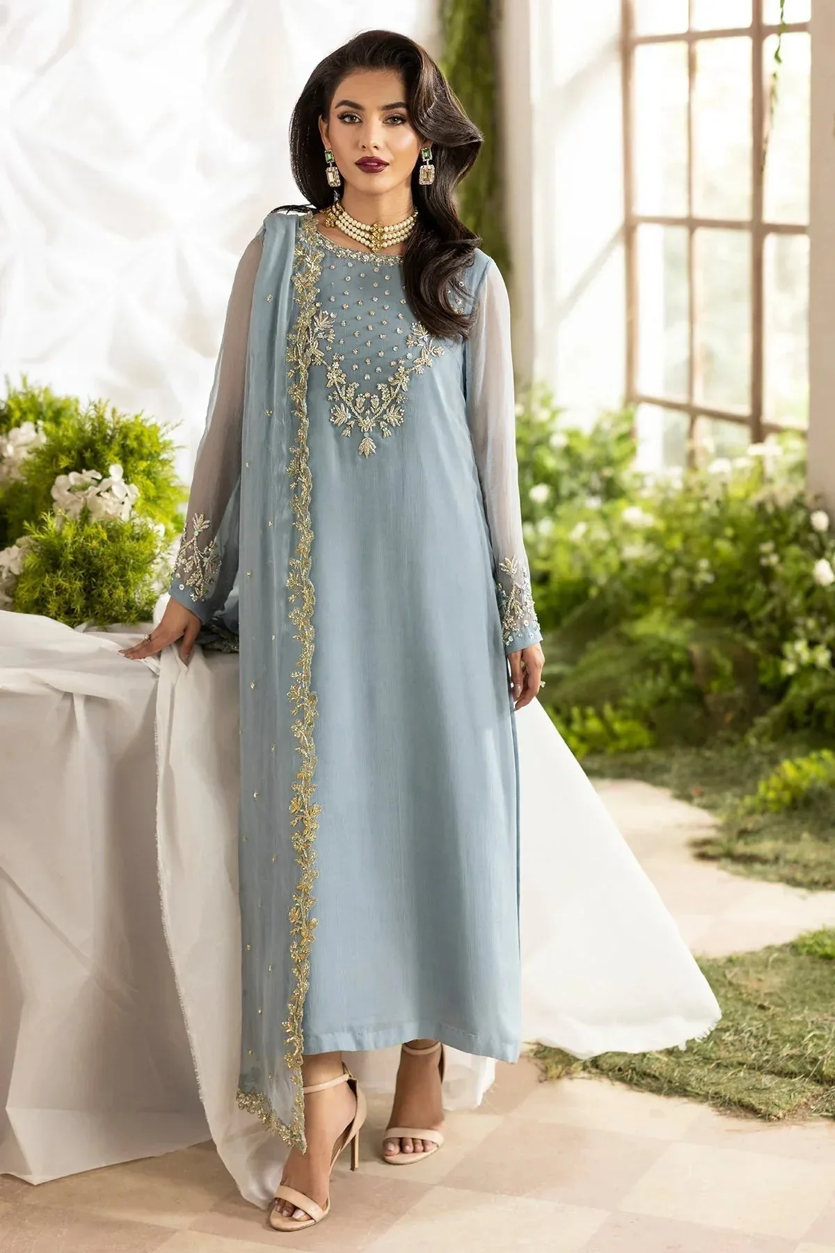 Charizma Fumee Luxury Chiffon Ice Blue Raw Silk – view 1 – Poshaq