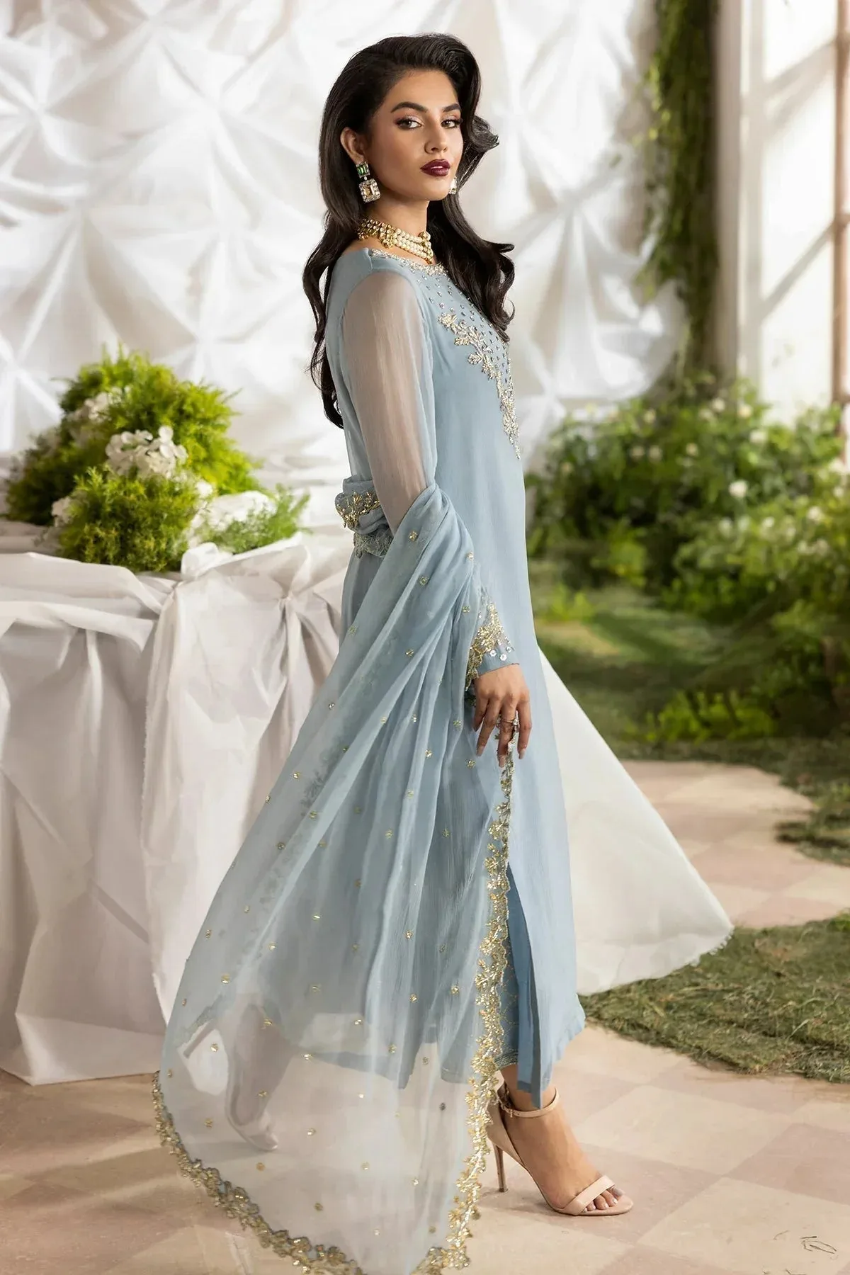 Charizma Fumee Luxury Chiffon Ice Blue Raw Silk – view 2 – Poshaq