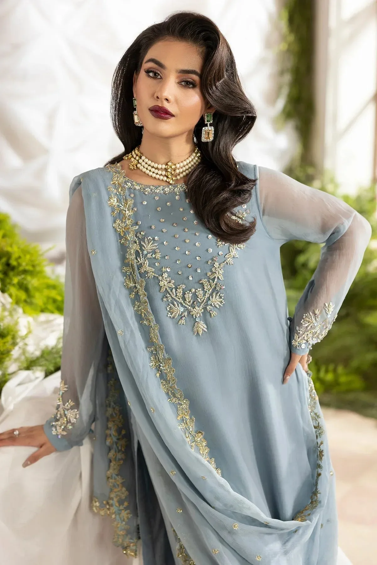 Charizma Fumee Luxury Chiffon Ice Blue Raw Silk – view 3 – Poshaq