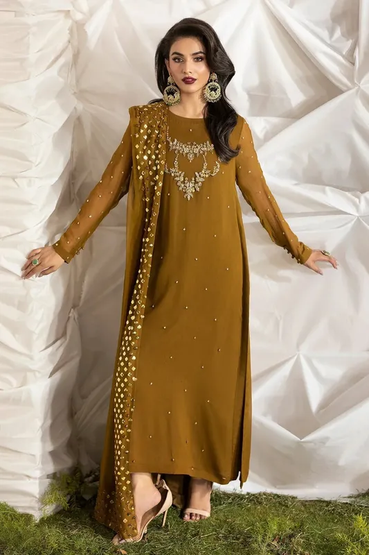 Charizma Fumee Luxury Chiffon Olive Green Raw Silk – view 1 – Poshaq