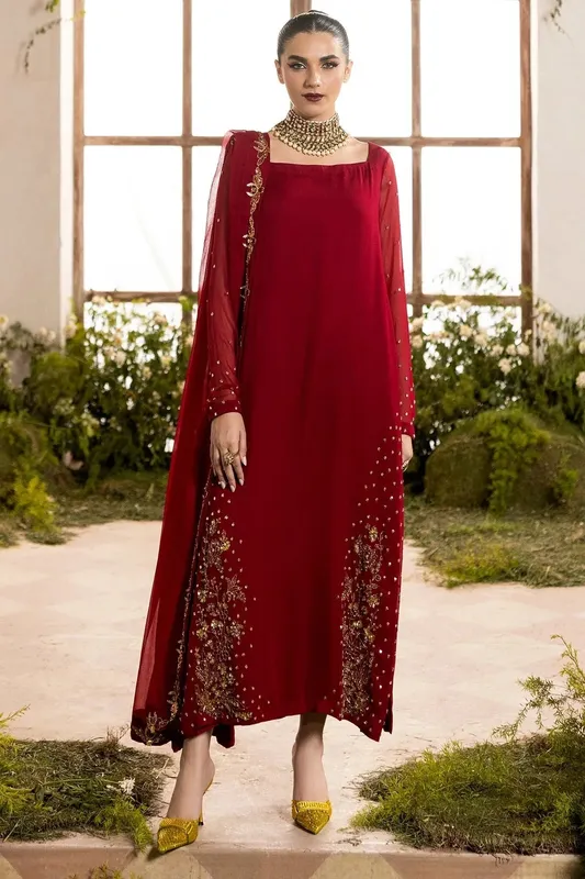 Charizma Fumee Luxury Chiffon Deep Red Raw Silk – view 1 – Poshaq