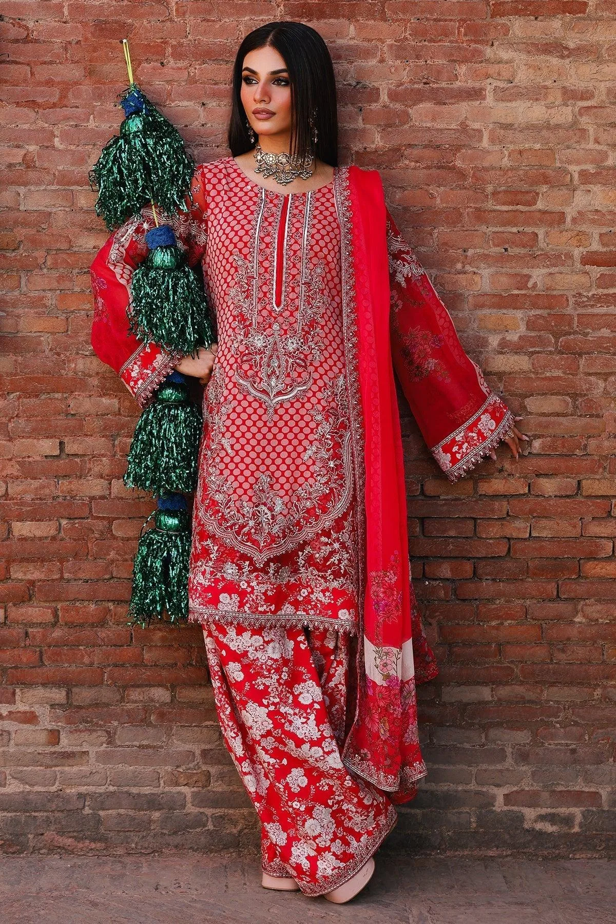 Charizma Vasal Chiffon Electric Red Raw Silk – view 1 – Poshaq