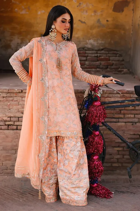 Charizma Vasal Chiffon Peach Pink Raw Silk – view 1 – Poshaq